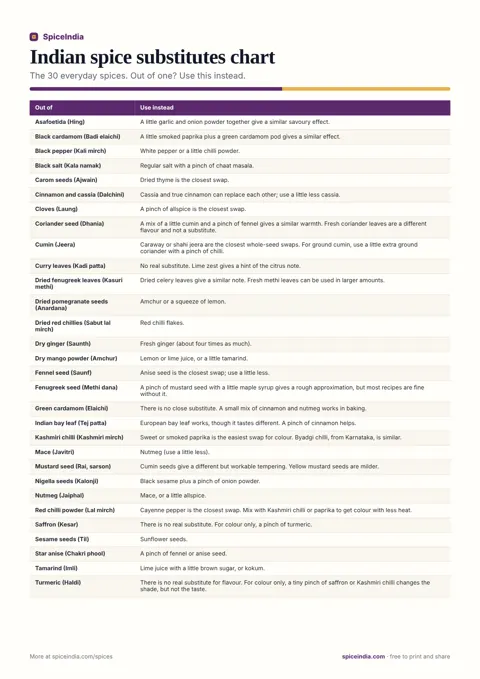 Indian spice substitutes chart